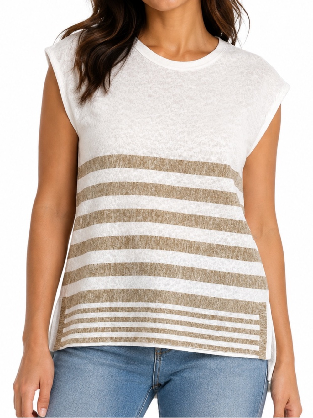 bobeau White with Tan Stripes Sleeveless Top